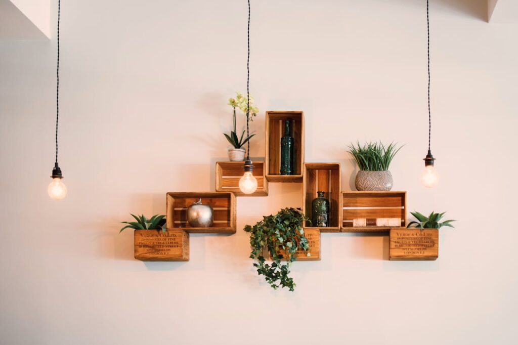 Crates mounted on a wall for plants and artistic objects