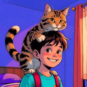 A boy and his cat A boy stands with a cat on his shoulders and the cat's tail is across the boy's face. You can see the boy grinning. The scene is a warm boy's bedroom in purple.