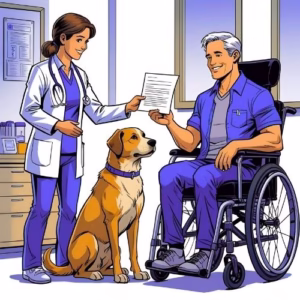 An ESA letter from a therapist can still carry weight A therapist hands a dog owner a letter. The dog sits patiently at the owner's feet. The owner is in a wheelchair. The scene is a medical office.
