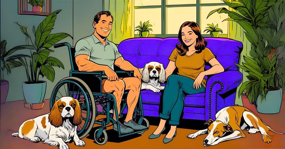 Comic book style. A man in a wheelchair. Beside him a woman sits on a purple sofa, which has a king charles spaniel sat on one end and a greyhound asleep at the other end. The families emotional support animals. The people are relaxed and smiling. The room has light from the window and plants.