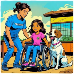Emotional Support Animal Training A young girl in a wheelchair with her dog at a dog training school. There is is a teacher near her with "TRAINER" on her t-shirt. The scene is colourful and vibrant.