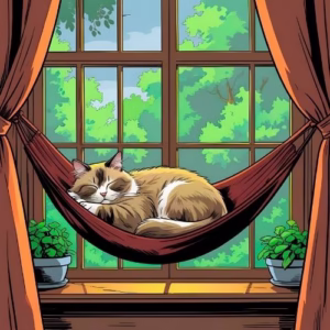 Ragdoll sleeping in cat hammock in the window A Ragdoll cat napping in a cat-sized hammock that is hanging in the dining room window.
