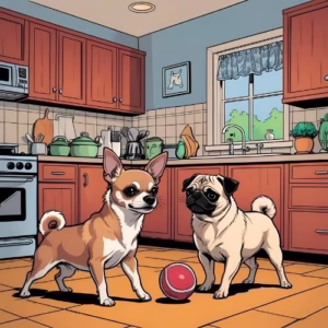 Space savvy dogs - chihuahua and pug Space saving emotional support dogs. A living room / kitchen with a Chihuahua, Pug, and Bichon Frise playing with a ball.