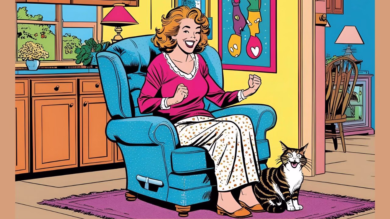 A woman sits in a blue armchair looking happy because she knows how to survive being housebound. Her cat sits at her feet chatting.