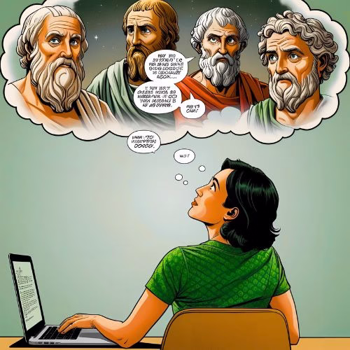 Woman thinking deeply after a conversation as she is friends with an AI. She is surrounded by comic-style philosopher figures.