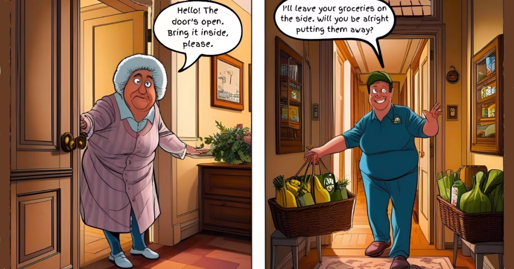 The left panel shows an elderly lady calling to the grocery person from the corridor in her house. The right panel shows the delivery person bringing the groceries in as housebound support.