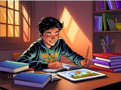Meaning of homebound in education.A young student attending an online class from home, surrounded by schoolbooks and a tablet on a desk.