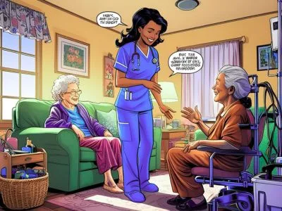 Meaning of homebound in healthcare. A nurse providing care to a homebound patient in their living room, with medical equipment and a caring atmosphere.