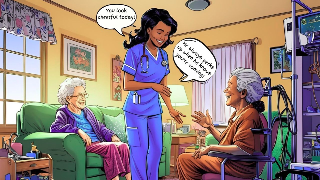 Meaning of homebound: A nurse providing care to a homebound patient in their living room, with medical equipment and a caring atmosphere.