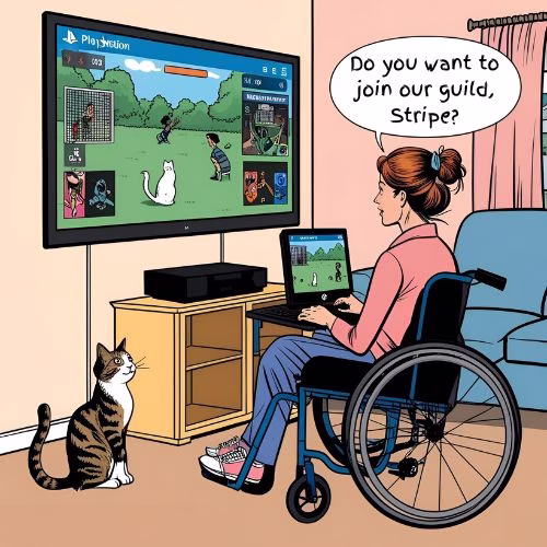 A woman in a wheelchair playing a multiplayer game on her Playstation, illustratiing gaming is for everyone. And anyone can find friendships through gaming.