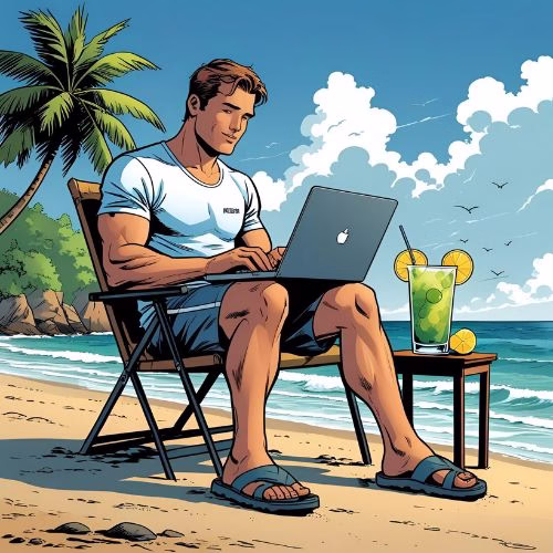 A man using startup web hosting to create a new blog, whilst sitting on a beach in New Zealand.