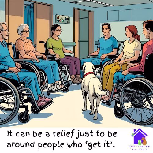 A relief to be around people who get it A group of people in wheelchairs meet in a hospital. Being around people in the same situation makes it easy to explain housebound issues.