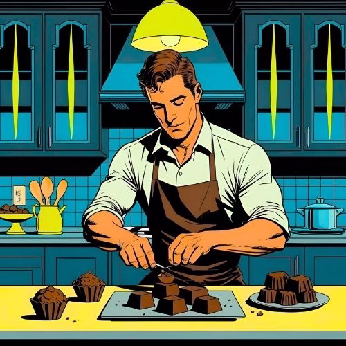  A man sits at a kitchen room pouring chocolate into moulds. His cool hobby is making artisan chocolates. The kitchen is art deco, coloured dark teal with pops of pale yellow.