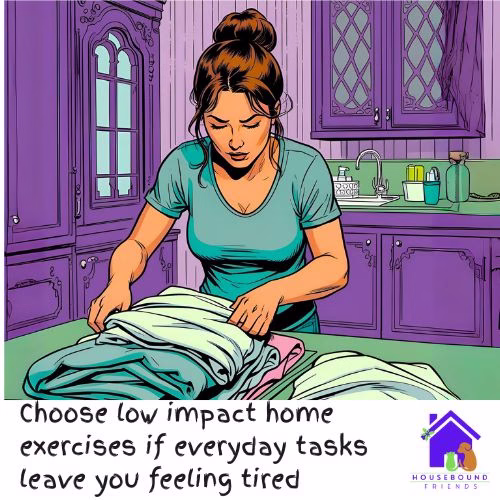 A woman looks really tired while folding the laundry. She should choose low impact (bodyweight circuits) home exercises if everyday tasks leave her feeling tired. She's wearing casual clothes. The laundry room is purple art deco.