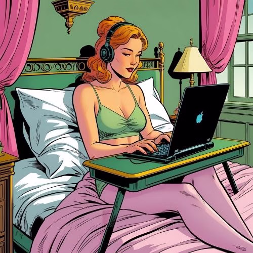 A woman sits in bed on her laptop documenting her needs for her disability rights claims. The bedroom is pink and bright green and has an art deco feel.