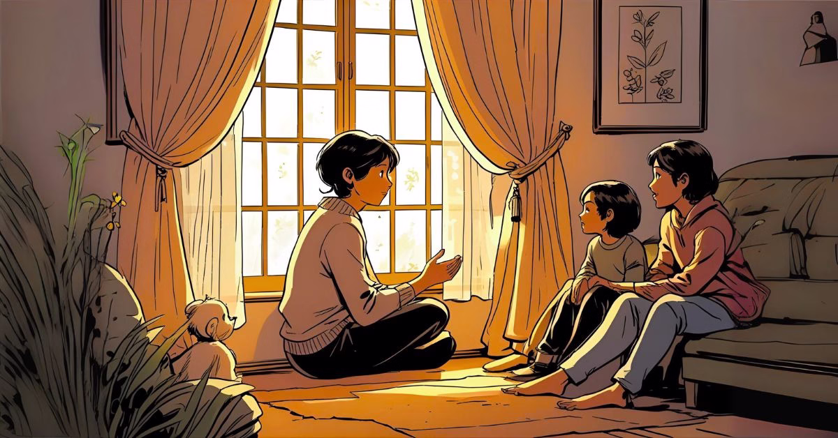 A warm, cozy indoor scene showing a person quietly sitting by a window as they calmly explain housebound to friends and family. The room is softly lit, with gentle sunlight filtering through sheer curtains.