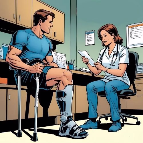  A man with a crutch, and one of his legs in a brace, sitting. He is talking to a health support worker who is taking notes and being very supportive. The scene is a clinical office. 