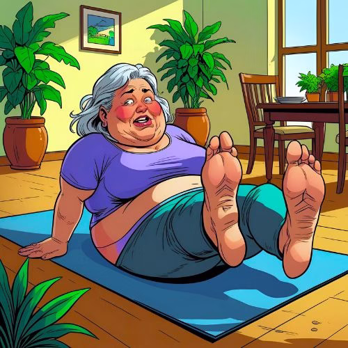 An overweight middle aged lady is laying on a yoga mat. She's doing quick leg raises home exercise. She looks very red-faced and out of breath. The room is brightly lit by a window, with pot plants and a dining room table in the background.