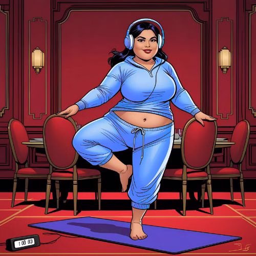 A large lady in loungewear and a pair of headphones. She's on a yoga mat with one leg in the air doing HIIT workouts. A timer can be seen in the foreground. The room is a deep red art deco dining room.
