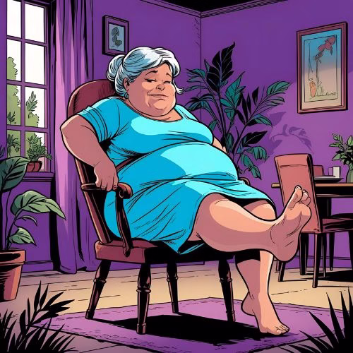  A large lady sits in a chair trying to raise her leg for home exercise. The surroundings are cozy with purple hues, in a room with plants, a window and a dining table in the background.