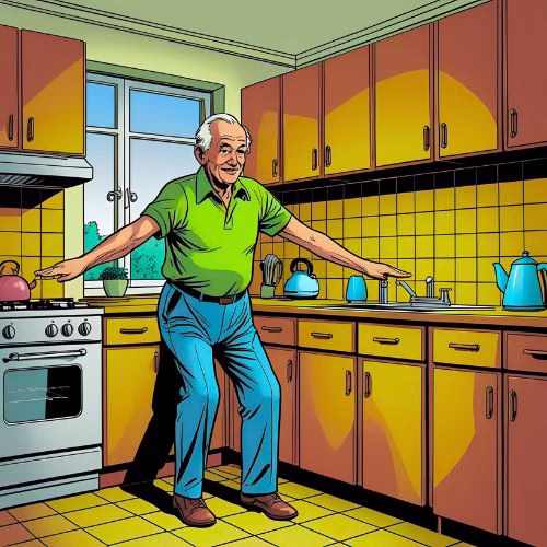 An elderly gentleman doing a stretching home exercise in his kitchen while waiting for the kettle to boil. The kitchen is a 1970s inspired design.