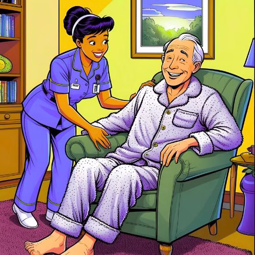 A man sits on a green armchair while his nurse tends to him. They are both smiling. This is an example of disability rights to home care.