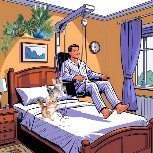A man sits in a hoist over his bed while his two kittens chase him and a thread that is dangling from the hoist. The bedroom has a window and a shelf with plants. The hoist is an example of home adaptations that someone may get under disability rights.