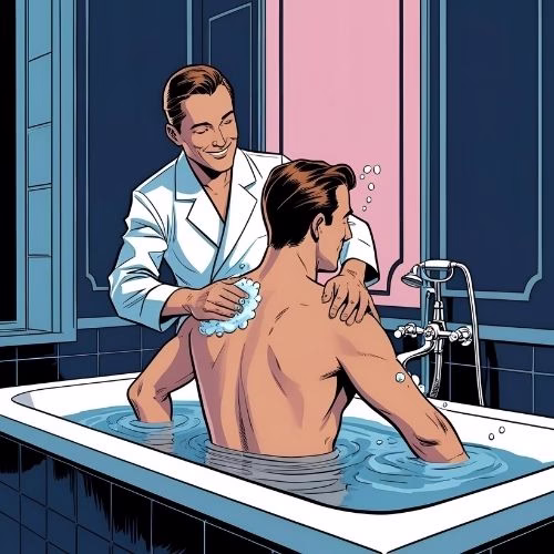 A man is in the bath. A personal assistant washes the man's back.  The bathroom is navy with pale pink highlights, in an art deco style.