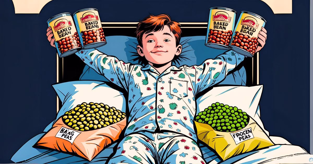 A boy lays on his bed wearing pyjamas, doing home exercise. He is balancing baked bean tins on his arms plus balancing bags of frozen peas on his feet. The room is a navy colour, with pops of yellow in an art deco style.