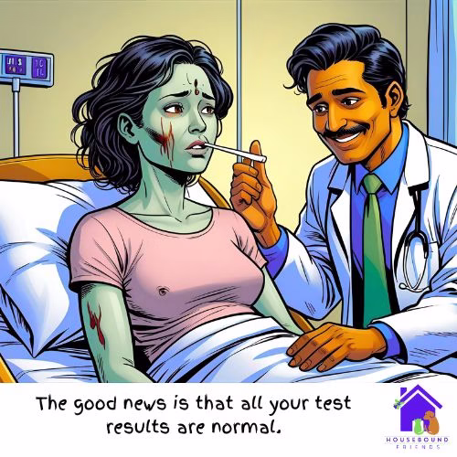 A sickly green woman sits on a hospital bed. she is pale and ill, with a thermometer in her mouth. A doctor looks at his chart with a big spike and smiles. "The good news is that all your test results are normal." It's a humourous representation of why people cannot explain housebound life.