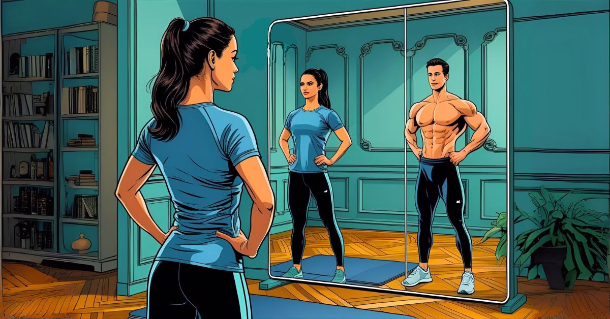 A woman wearing t-shirt and leggings stands in front of her smart fitness mirror doing a home workout. We see a male fitness instructor (in t-shirt) in the mirror next to the woman's reflection. The room is teal art deco home gym with a parquet floor and a yoga mat, which is part of her home exercise equipment.